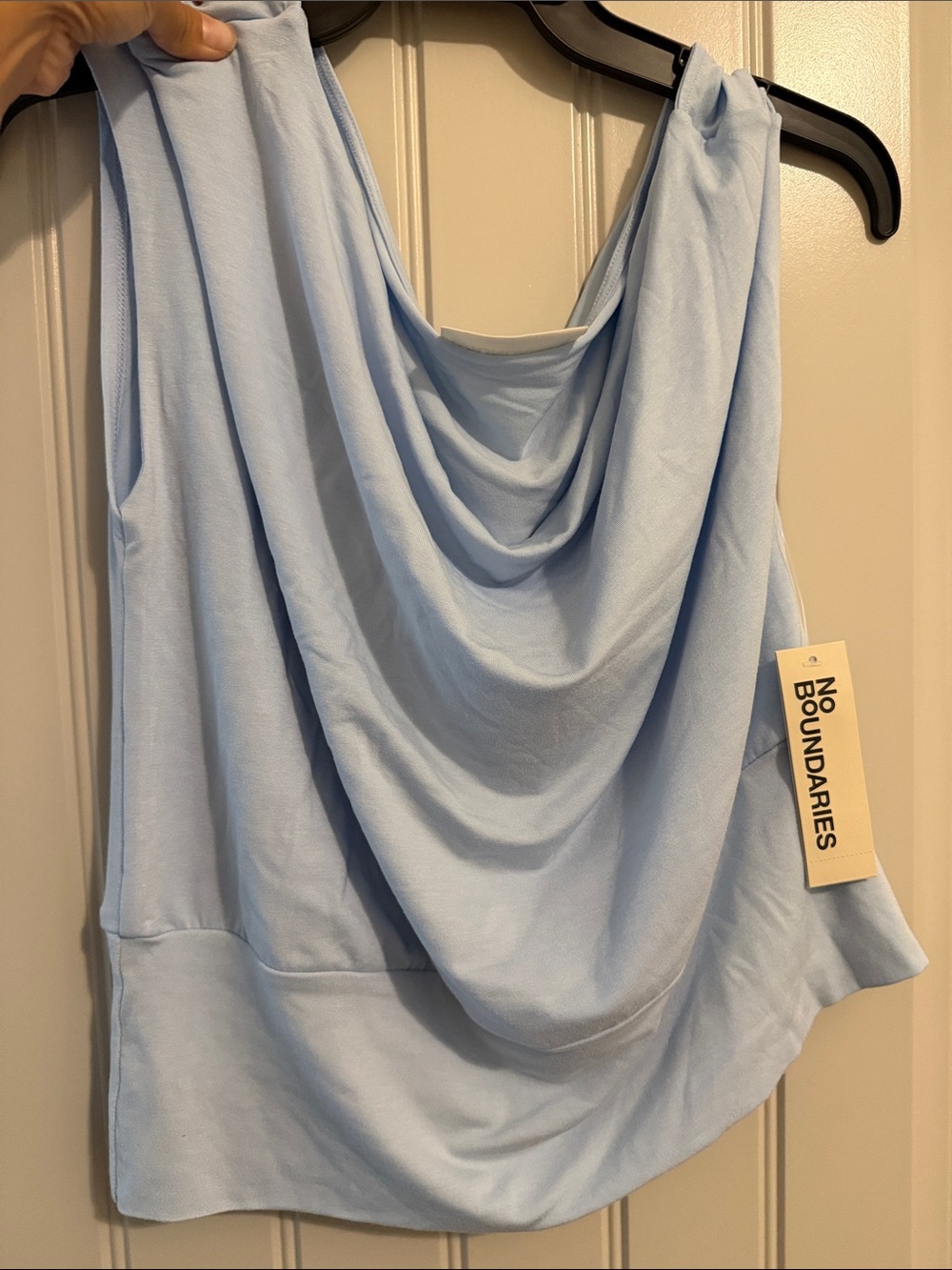 No Boundaries Pale Blue Draped Cowl Neck Tank Top